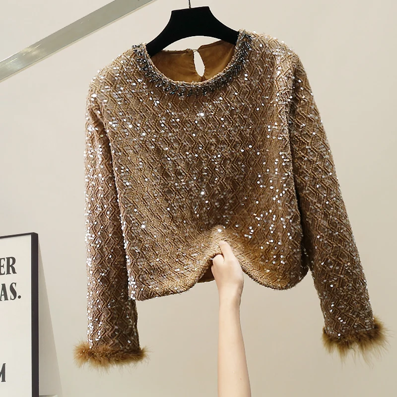 

Корейский модный вязаный топ с пайетками и перьями, облегающий, с круглым вырезом, для женщин, трендовый