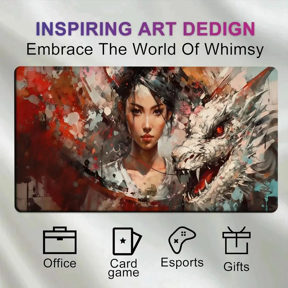 Abstract Oil Painting Oriental Lady White Dragon Art Playmat Neoprene Anti‑Slip Large Table Pad for TCG DND Gaming PC Extended