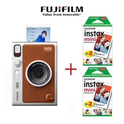 Fujifilm Instax Mini Evo Cámara instantánea Smartphone Fotos Impresora Color marrón negro (Película blanca opcional 20/40 hojas)