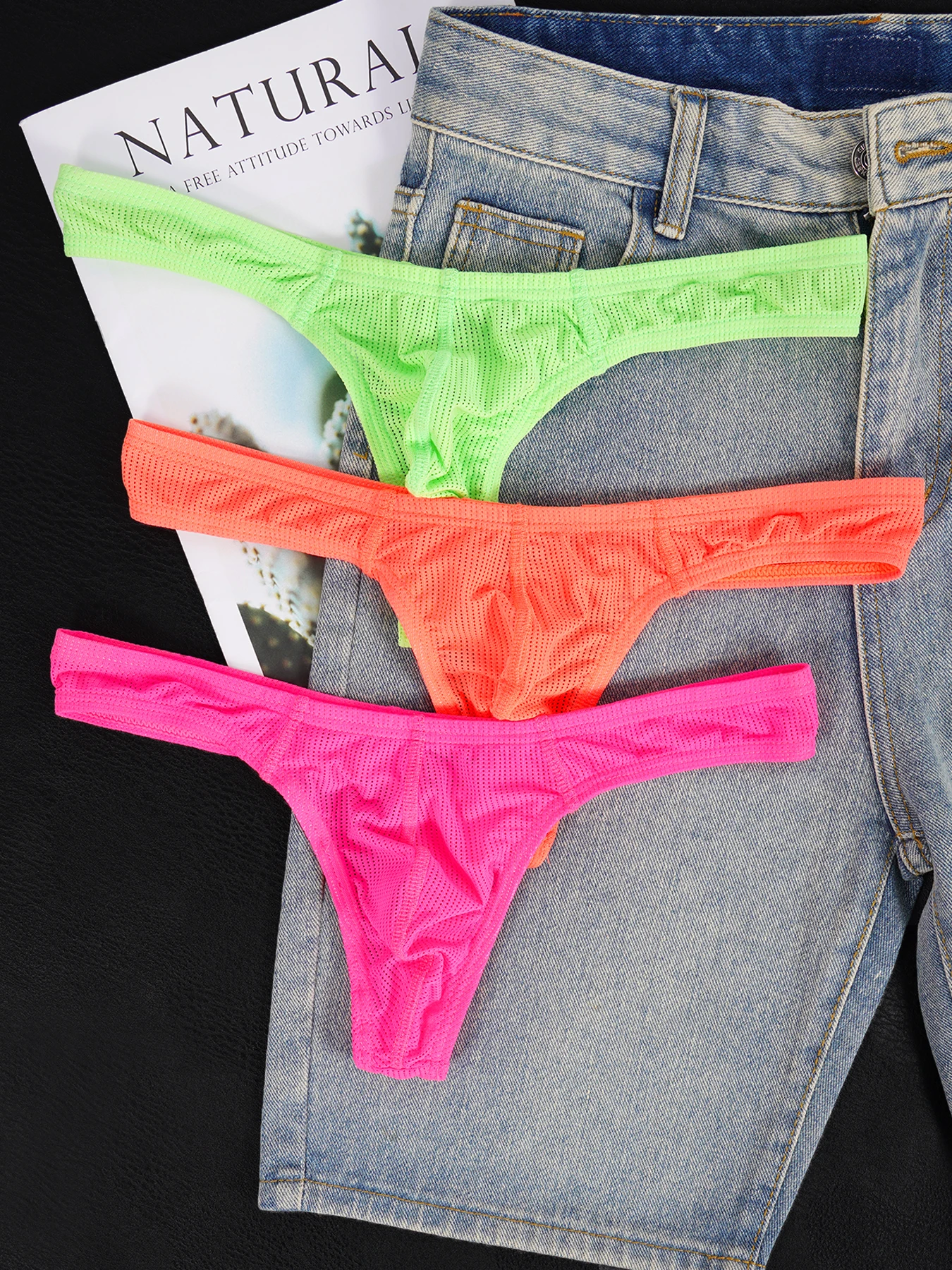 

3 PCS Men's High-Elastic Nylon Blend Body Shaping Convex Pouch Thong, Low Rise Fluorescent Color Fashion Bright Underwear
