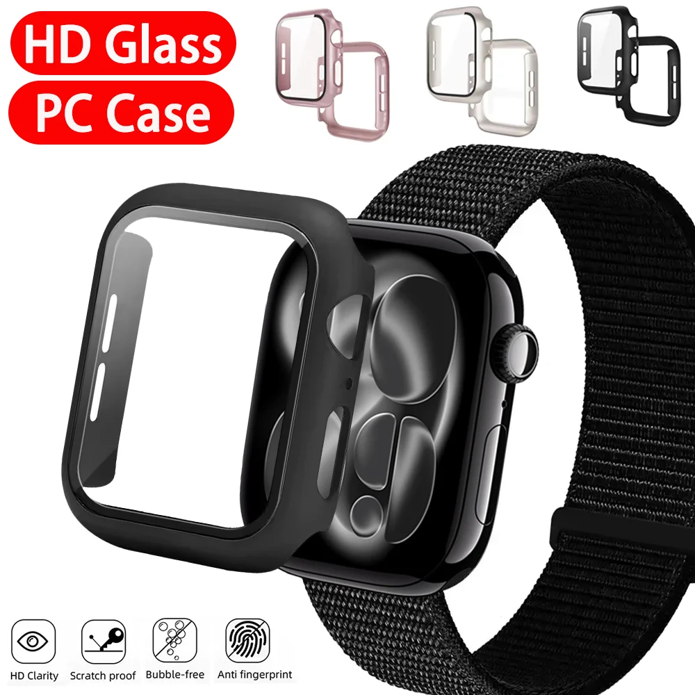 Glas+PC-Gehäuse für Apple Watch Ultra 3 2 49mm 11 10 46mm 42mm Displayschutz-Hülle iWatch 9 8 7 6 5 4 SE 45/41mm 40/44mm Cover