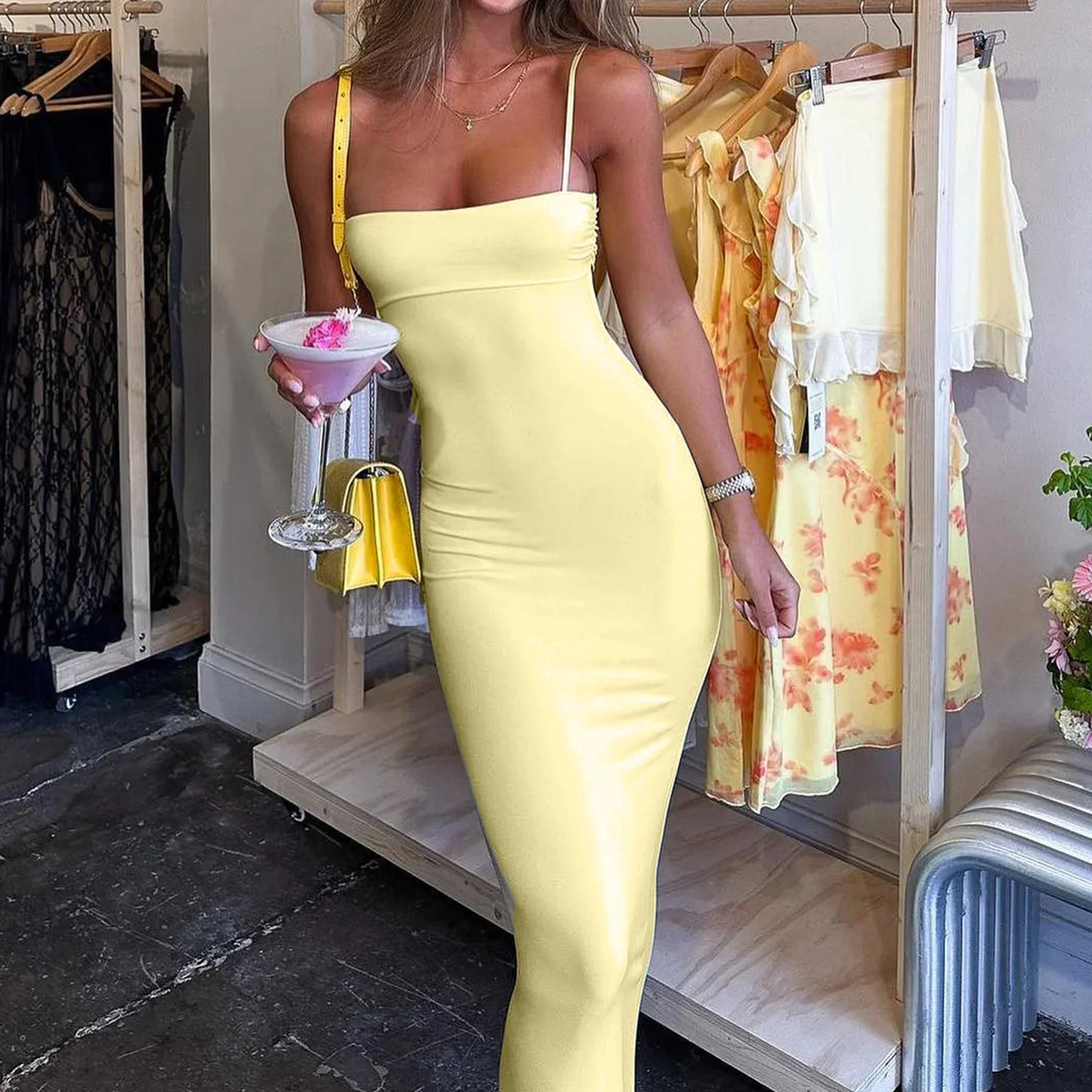 

Female Elegant Bodycon Mini Dresses Party Long Cami Dress Women Spaghetti Strap Dress Slim Square Neck Adjustable Satin Dress