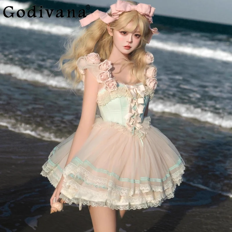 

Lolita Short Evening Dress for Women Vintage Rose Birthday Party Princess Dress Female Summer Flower Design Sweet Dress