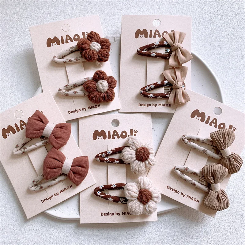 1Set Autumn Winter Bow Hair Clips 2024 New Knitted Flower Hairpins For Girls Coffee Color BB Clips Baby Hairclip Hair Accessorie