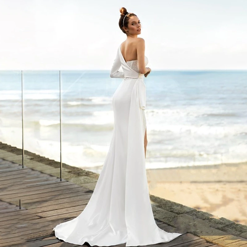 Abiti da sposa moderni abiti da sposa in raso Sexy abiti monospalla con spacco alto per abiti da cerimonia in pizzo a strati 2024 Vestidos De Novia