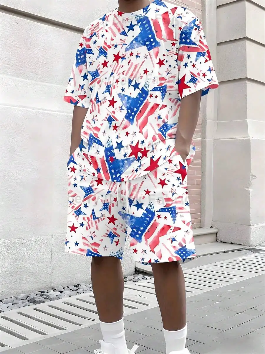 

Mens Loose Fit Summer Two Piece Set With Red Blue Star Flag Print