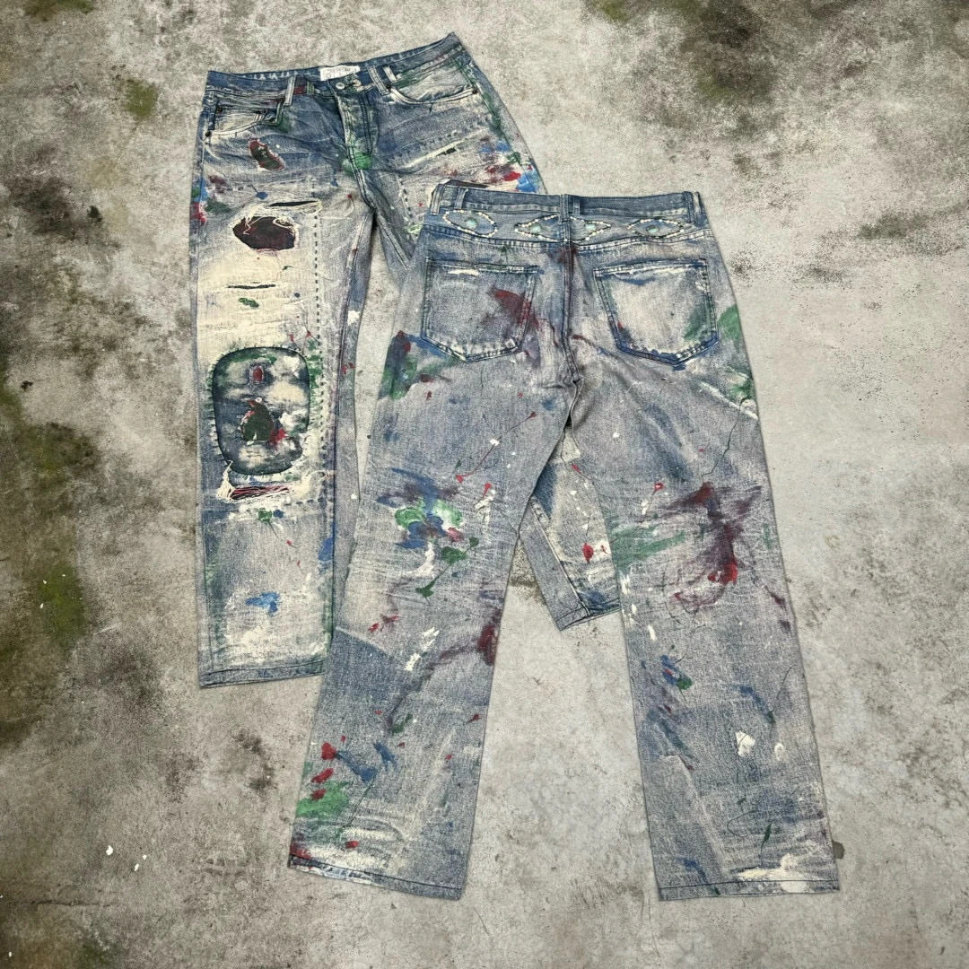 

American AC Style Digital Print Heavy Duty Destroyed Jewelry Chain Loose Straight Leg Jeans Casual Wide Leg Pants Youth Jeans