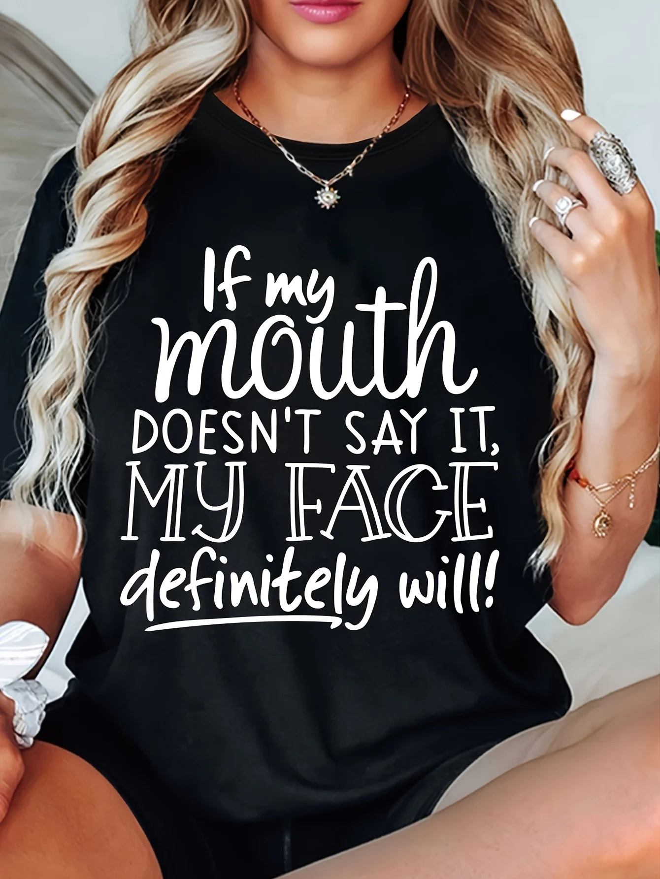 تي شيرت نسائي إذا لم يتحدث فمي، وجهتي يتحدث بطبعات أبجدية، رقبة دائرية رائعة ومتعددة الاستخدامات. #1