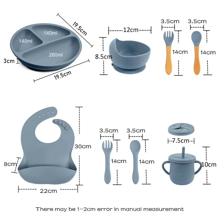 10Pcs Baby Silicone Dinosaur Plate With Lid Waterproof Bib Cup Wood Spoon Fork Bowl Set  Newborn Feeding Anti slip Tableware Set