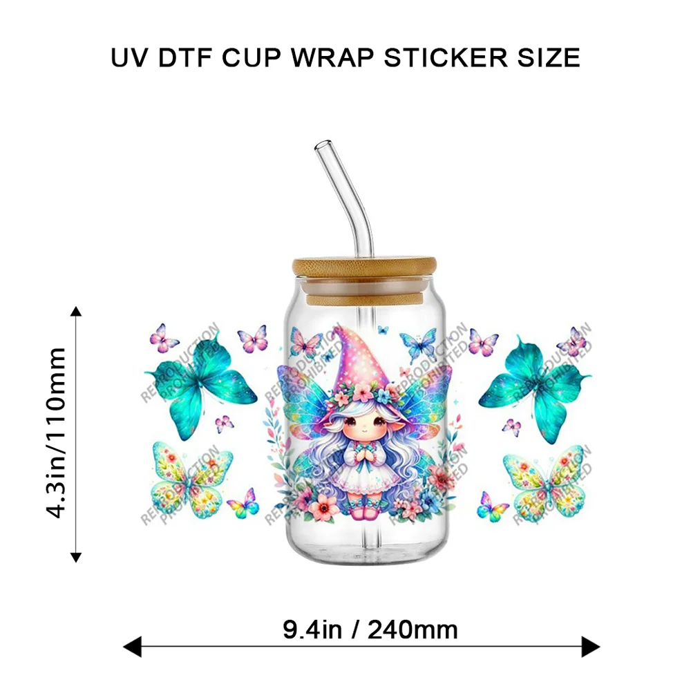 Cute Gnome Fairy Butterfly Floral UV DTF Cup Wrap 16oz Libbey Glass Self Adhesive Transfer Sticker Waterproof DIY for Tumbler
