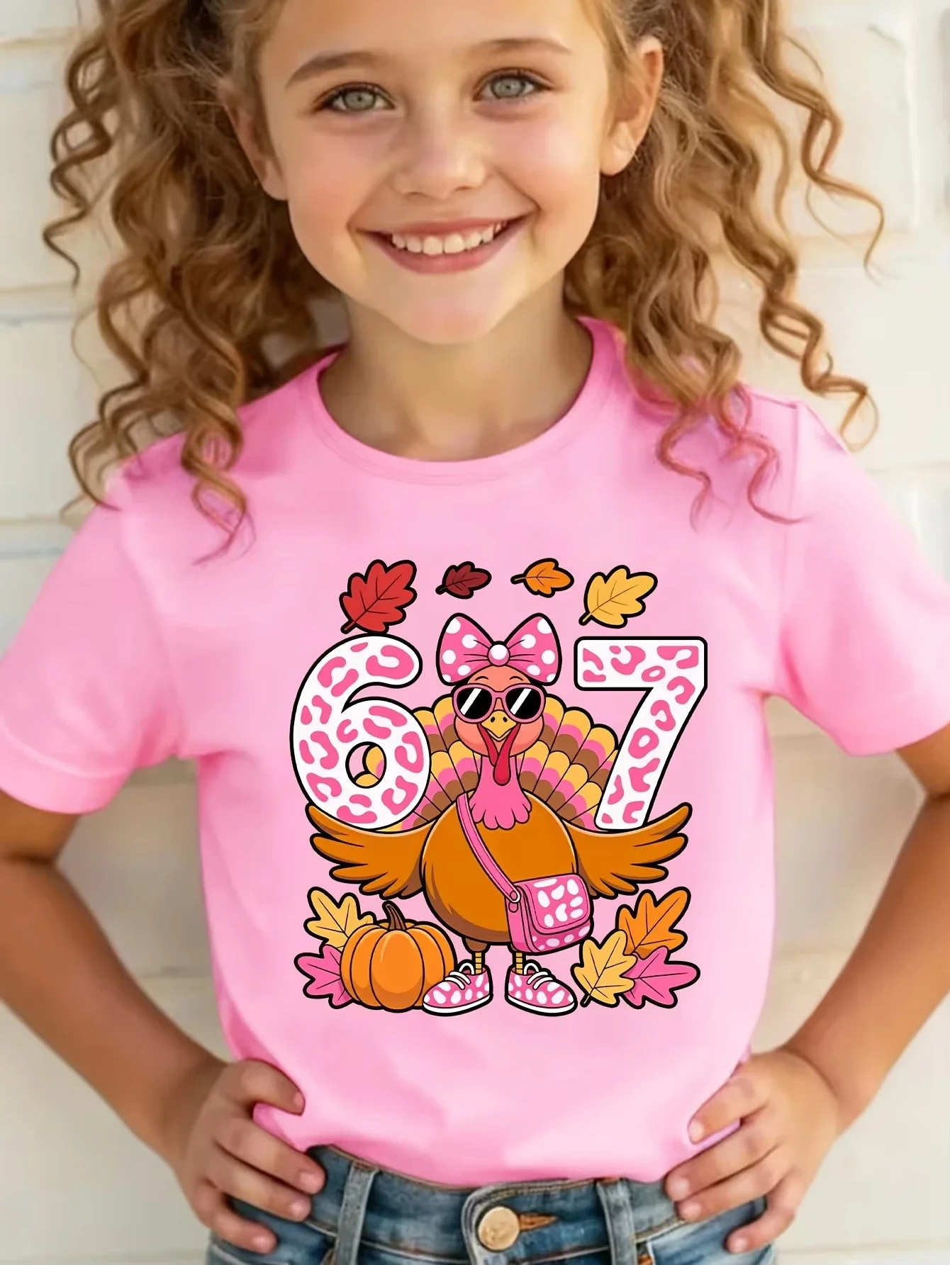 Toddler Girls Summer Short Sleeve Tshirt Thanksgiving Turkey Leopard Print Number 67 Autumn Elements Crew Neck Fashion Clothing