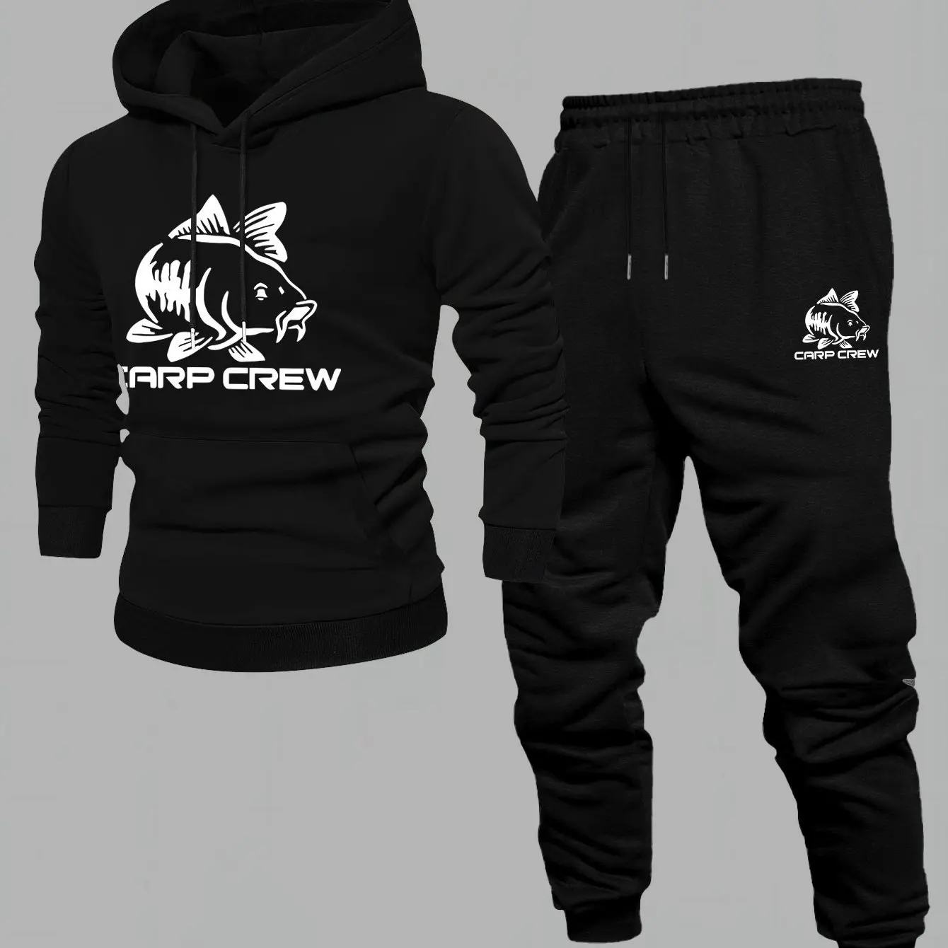 2026 Men Carp Fish Crew Print 2‑Piece Tracksuit, Regular Fit Hoodie & Jogger Pants for Outdoor Daily Wear