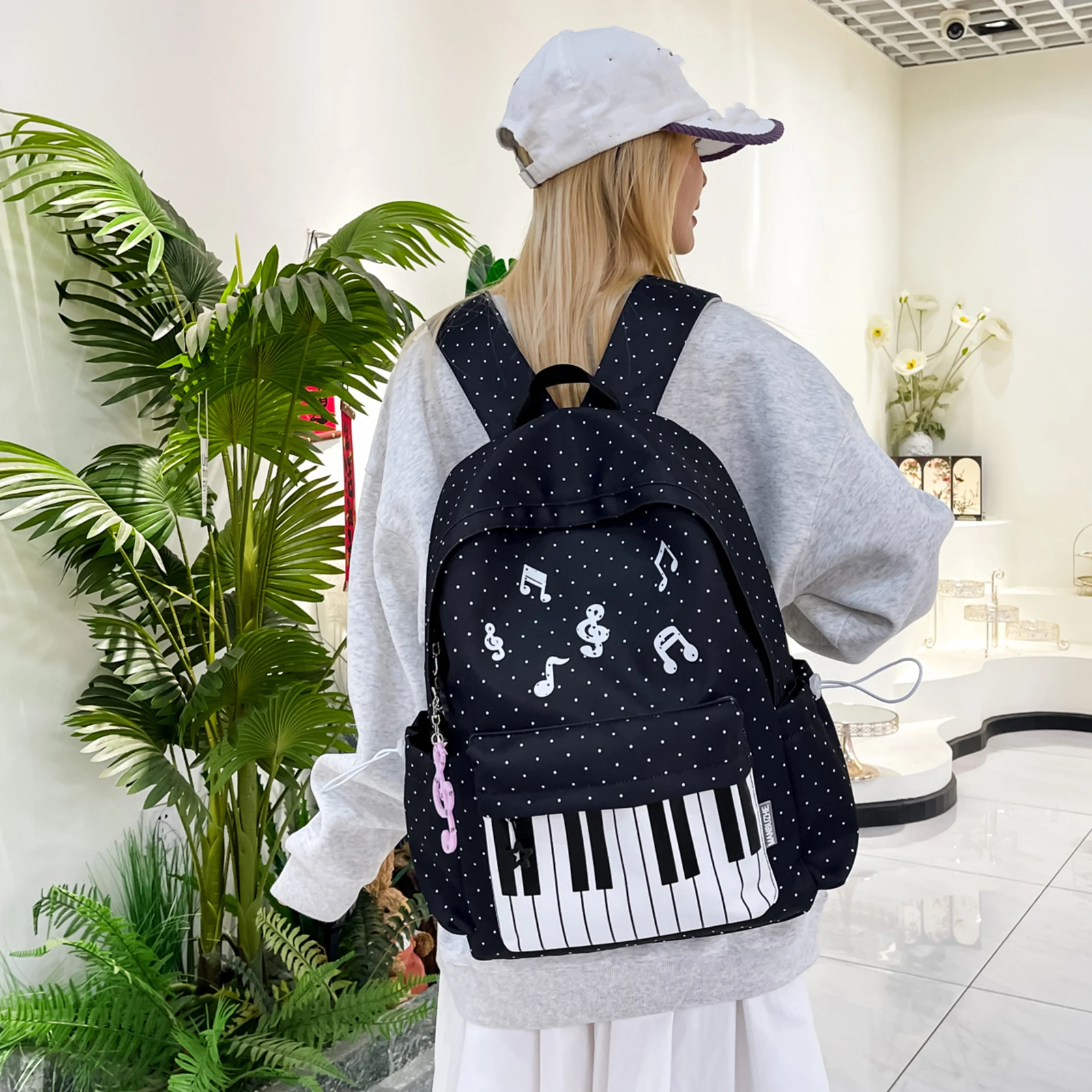 Piano-Themed Backpack Stylish Laptop Backpacks Casual Piano Pattern Daypack Polka Dots Bookbags For College Students