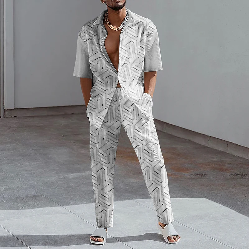 2023 Fashion Print Two Piece Set Men Lapel Button Short Sleeve Shirt And Straight Pants Suit Men Summer Casual Clothes