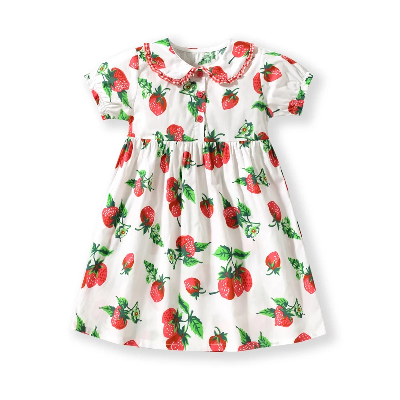 Little maven Girls Peter Pan Collar Dresses Strawberry Print Kids Elegant Summer Dresses for Kids Clothes Girls Party Dresses