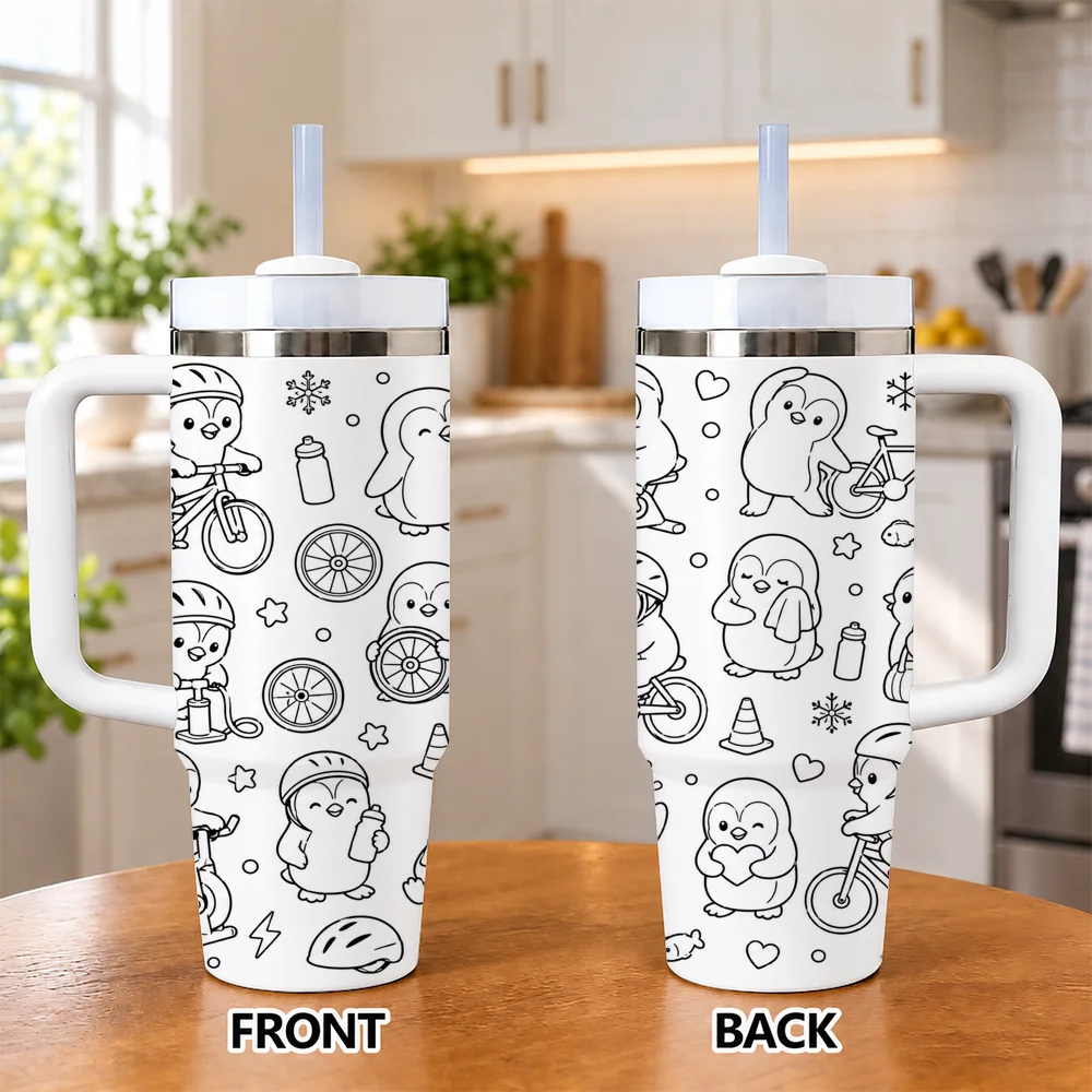 Sport Penguin Running Fitness 40oz Tumbler with Handle Straw Stainless Steel Insulated Travel Mug Water Cup Gift Vacuum Flasks