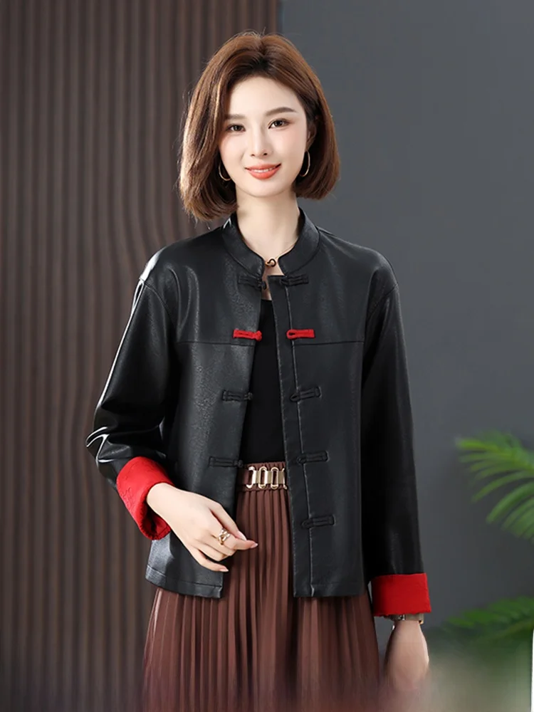  Ning Genuine Leather Jaet Women's ort Sle 2025 Spring Autumn New Chinese Sle National Sle Button Slimming Lea...