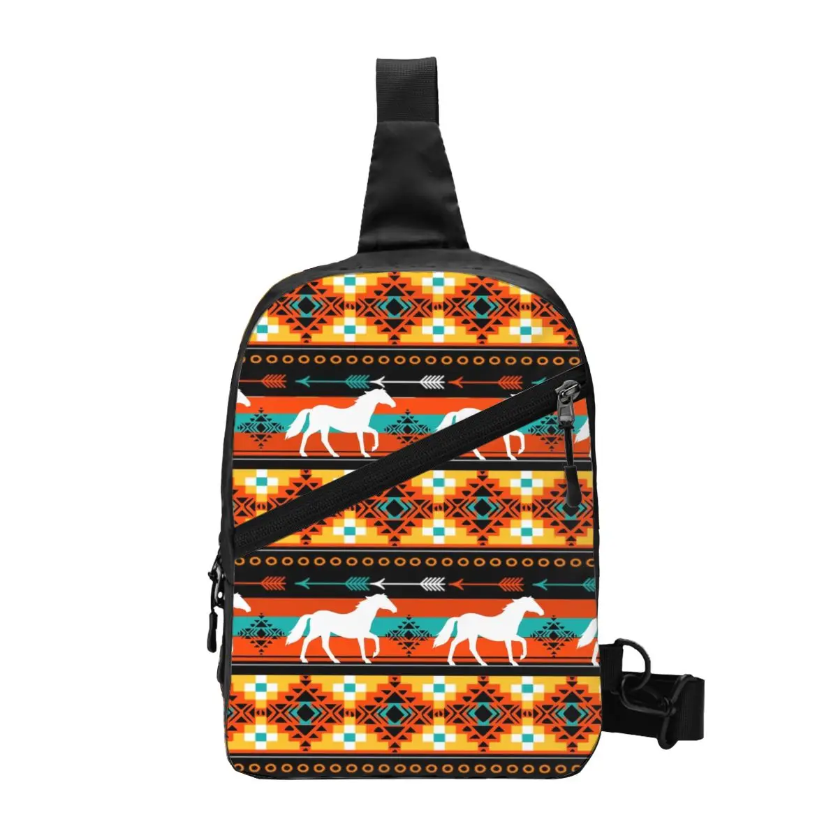 

Custom Western Style Horse Tribal Pattern In Gold Sling Bag for Cycling Camping Men Chest Crossbody Backpack Shoulder Daypack