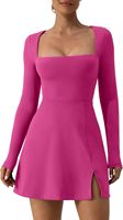 Autumn Mini Slim Dress Women's Square Neck Corset Long Sleeve Slit Smocked Mini Dress