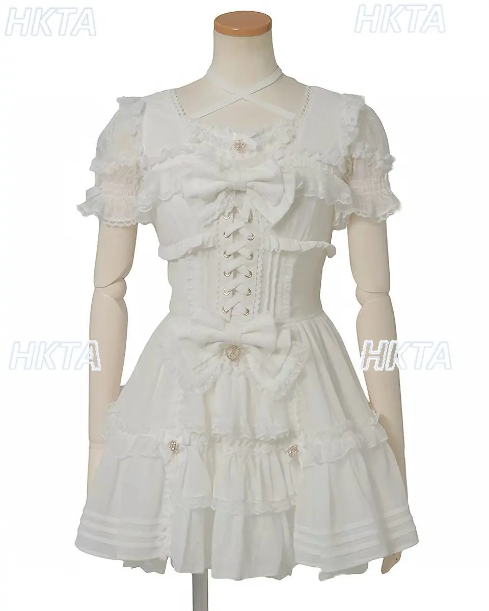 

Sweet Cute Lolita Girls Short-sleeve Dress Women Japanese 2026 New Summer High Waist Slimming Ruffle Trim Bow Liz Princess Dress