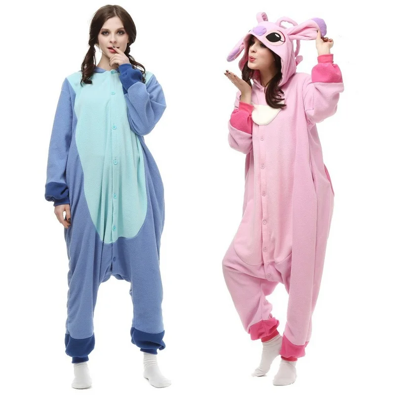 Cartoon Stitch Jumpsuit Pajama Polar Fleece Onesie Stitch Angel Cosplay Costume Men Women Plush Sleepwear Teen Home Clothing