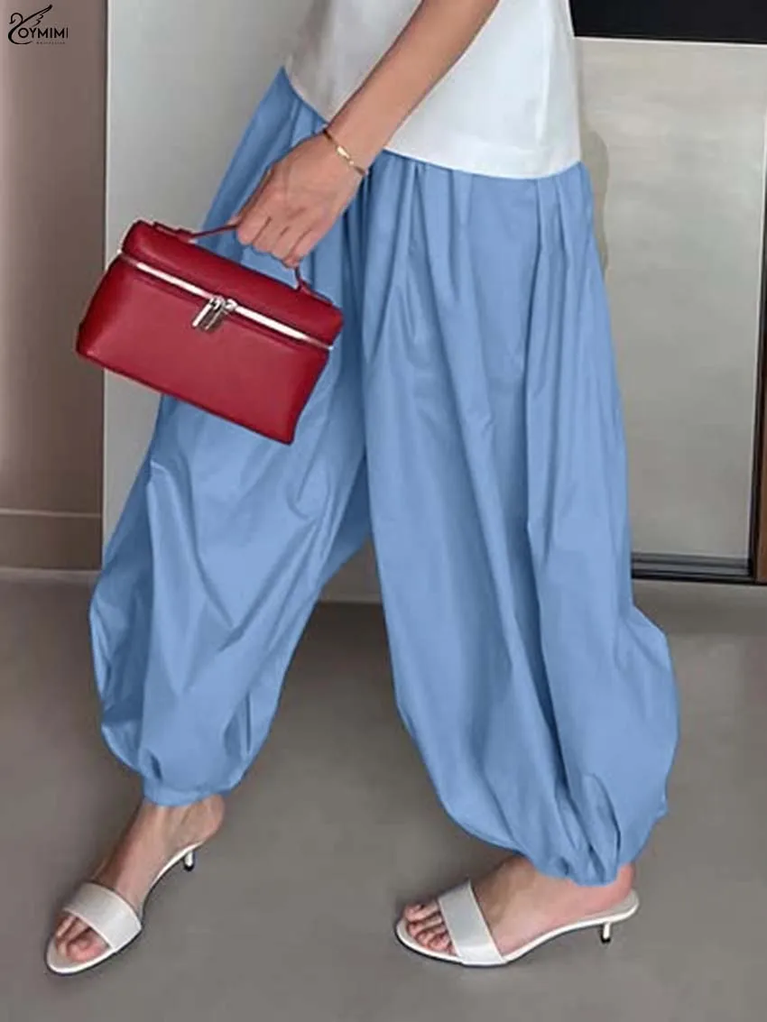 Oymimi Casual Blue Loose Women Pants Fashion Mid Waisted Drawstring Trousers Elegant Solid Ankle-Length Pants Female Streetwear