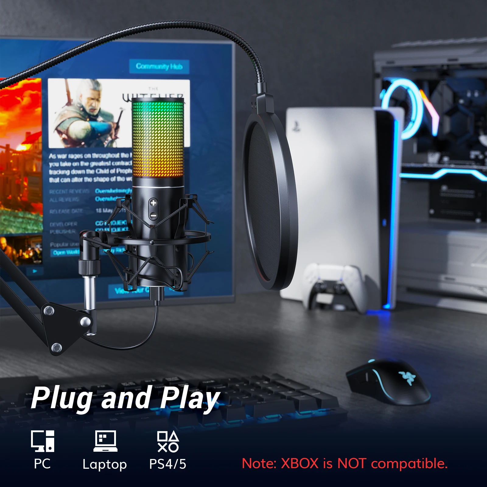 ميكروفون ألعاب RGB، ميكروفون USB للكمبيوتر الشخصي مع ذراع بوم قابل للتعديل، زر كتم الصوت السريع للبث والبودكاست والتسجيل والغناء