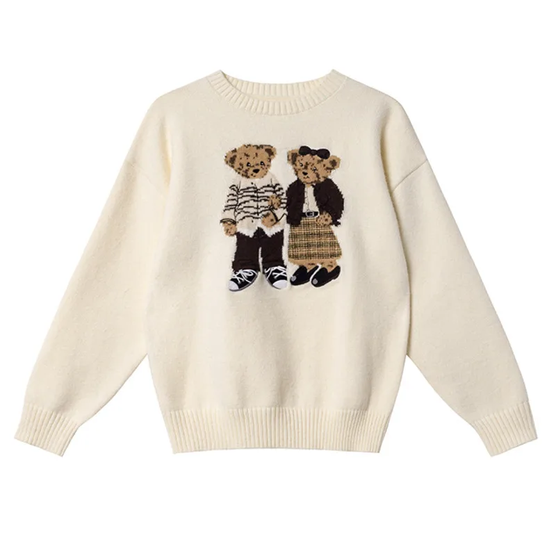 

European Style Light Luxury Brand Bear Embroidered Knitted Pullover Tops For Woman Fashion Casual Loose Knitwear Sweater Pulls