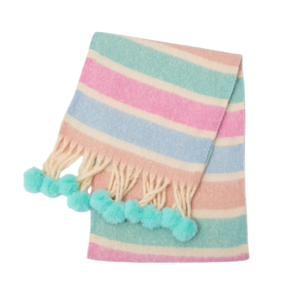 Mohair Plaid Wool Scarf Rabbit Fur Ball Loop Yarn Winter Cashmere Scarves Imitation Cashmere Korean Style Rainbow Tassel Shawl