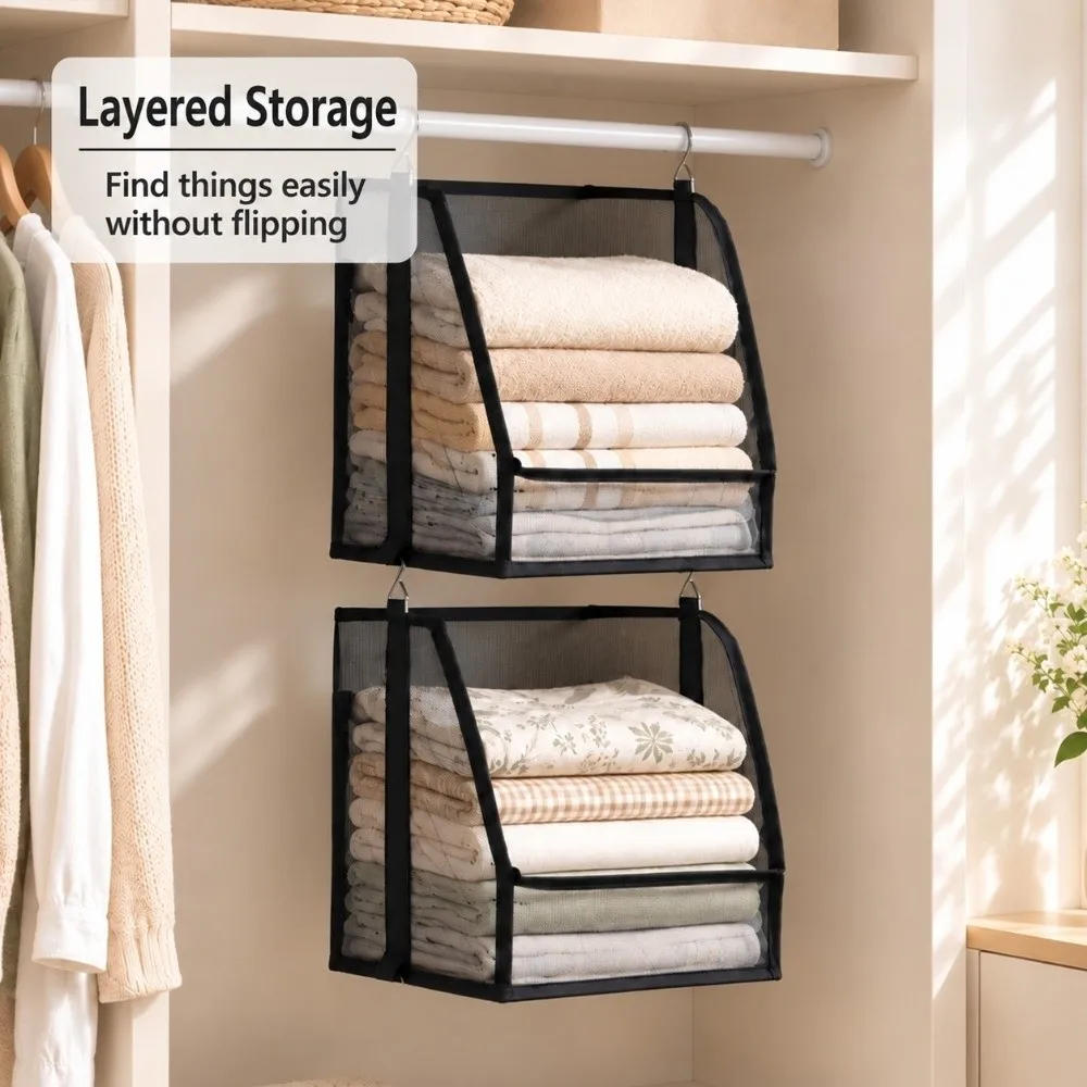 Plastic Mesh Hanging Storage Basket Stackable Open Front Wardrobe Hanging Basket Detachable Hanging Mesh Organizer Wardrobe