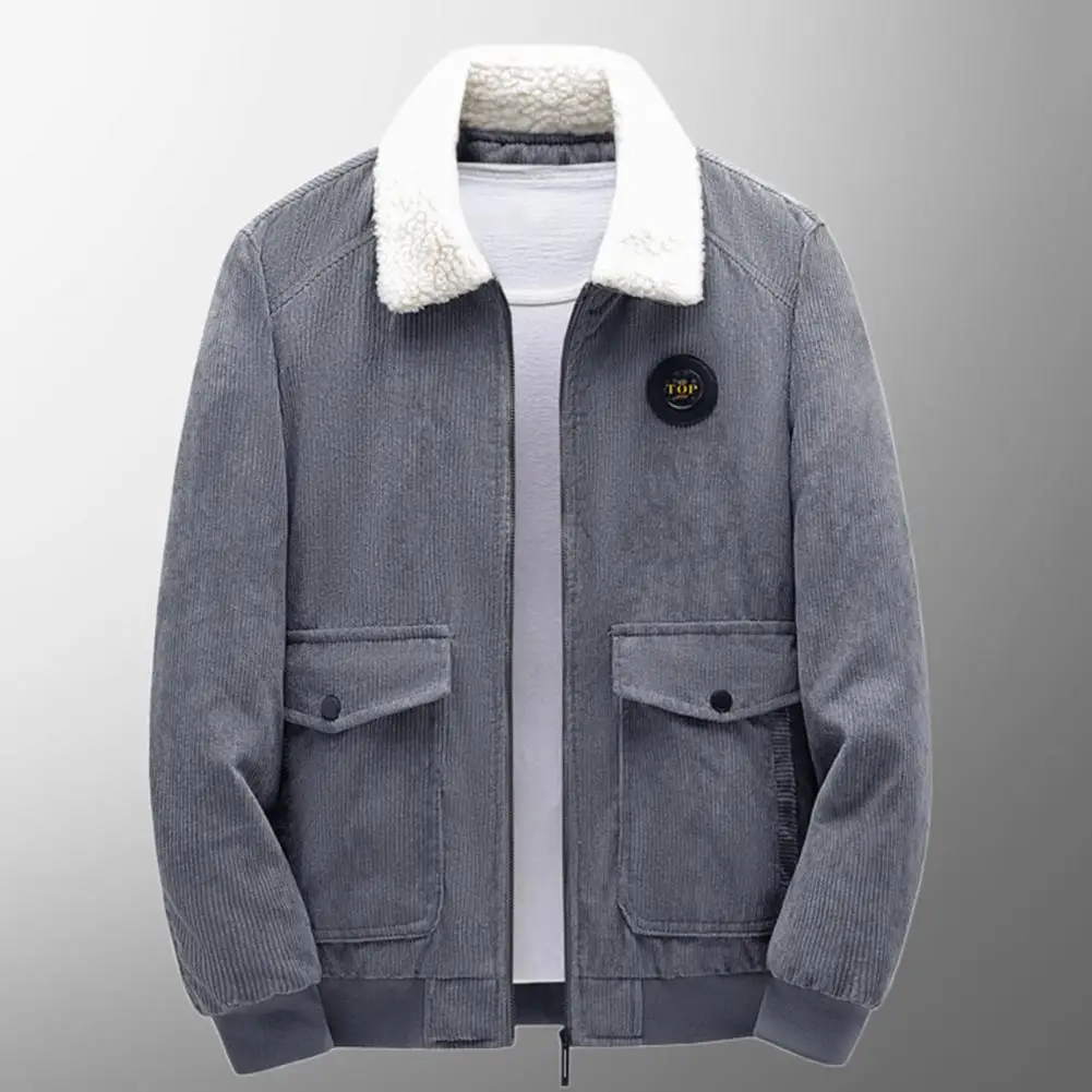 Chaqueta con solapa de manga larga para hombre, abrigo de PANA con cremallera, forro polar grueso, bolsillos con solapa, Color sólido, Otoño e Invierno