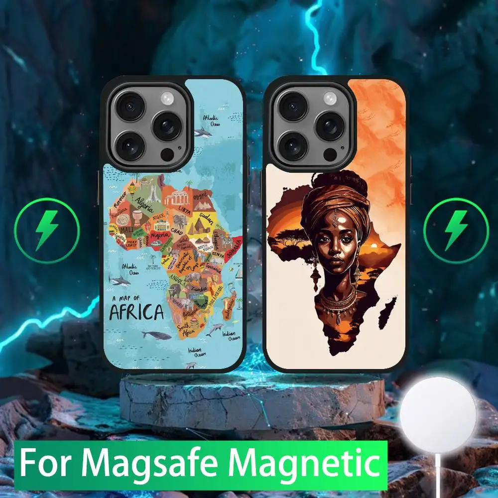 حافظة هاتف Geogra لخريطة أفريقيا لهواتف iPhone 16,15,14,13,12,11,Pro,Max,Plus,Mini,SE شحن لاسلكي مغناطيسي جديد من Magsafe