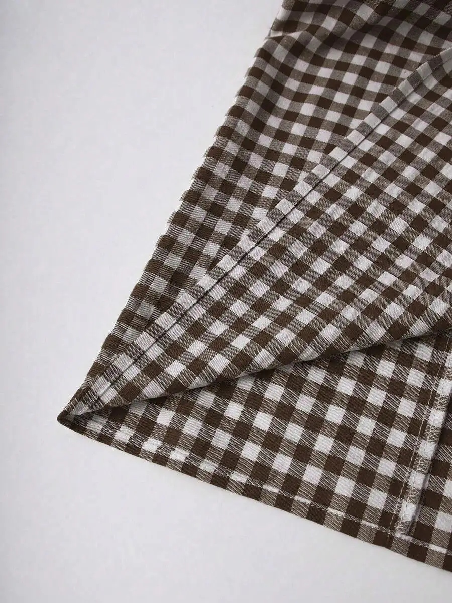 

Women Plaid Round Neck Short Sleeve Puff Sleeve Ruffle Trim Elegant Maxi Dress Vacation Beach Outfit