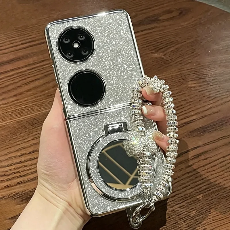 Silver Glitter Mirror Ring Stand Phone Case For Huawei P50 Pocket 2 S Nova Flip Xiaomi MixFlip Honor Magic V Flip Foldable Cover