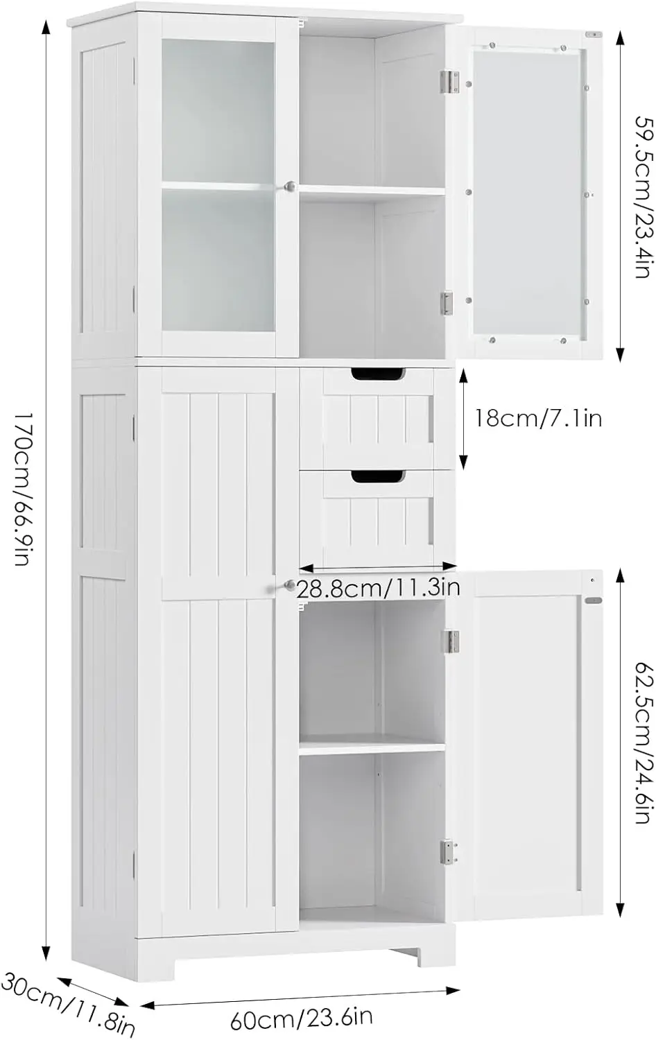 67'' Tall Bathroom Storage Cabinet with Glass Doors and Shelves, Kitchen Pantry Cabinet with 2 Drawers for Bathroom