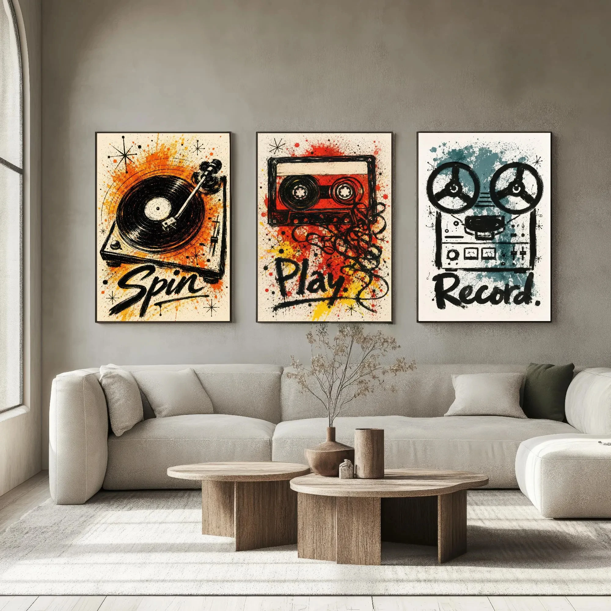 3Pcs Retro Graffiti Music Wall Art, Ink Turntable Cassette Tape Canvas Prints, Vintage Street Art Posters for Music Bar Decor