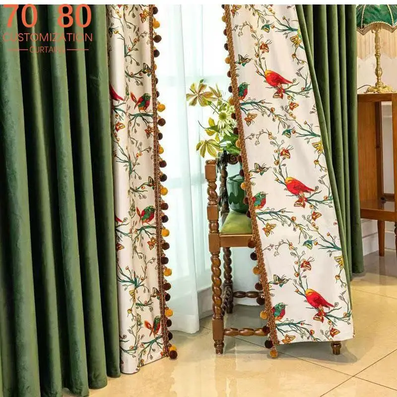 

Vintage Chinese Magpie Jacquard Splicing Green Velvet Curtains for Living Room Bedroom French Window Customized Products