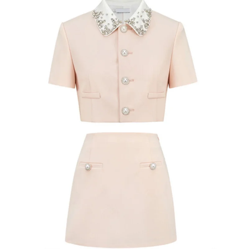 Sweet French High-quality Diamond-encrusted Sweet Suit Pink Doll Collar Coat+ Skirt Set Korea Cute Two-piece Women Suit Summer