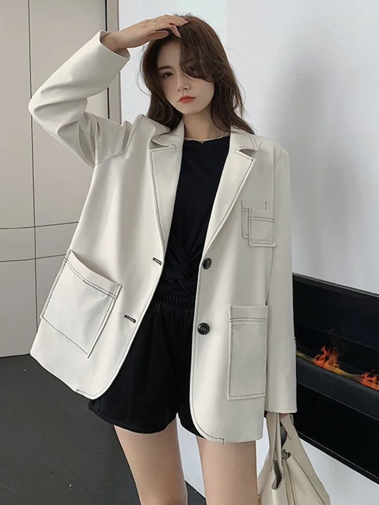 DEAT Fashion Women's Open Line Blazer Notched Collar Loose Single Breasted Zipper Multiple Pockets Suit Jackets Summer 2024 New