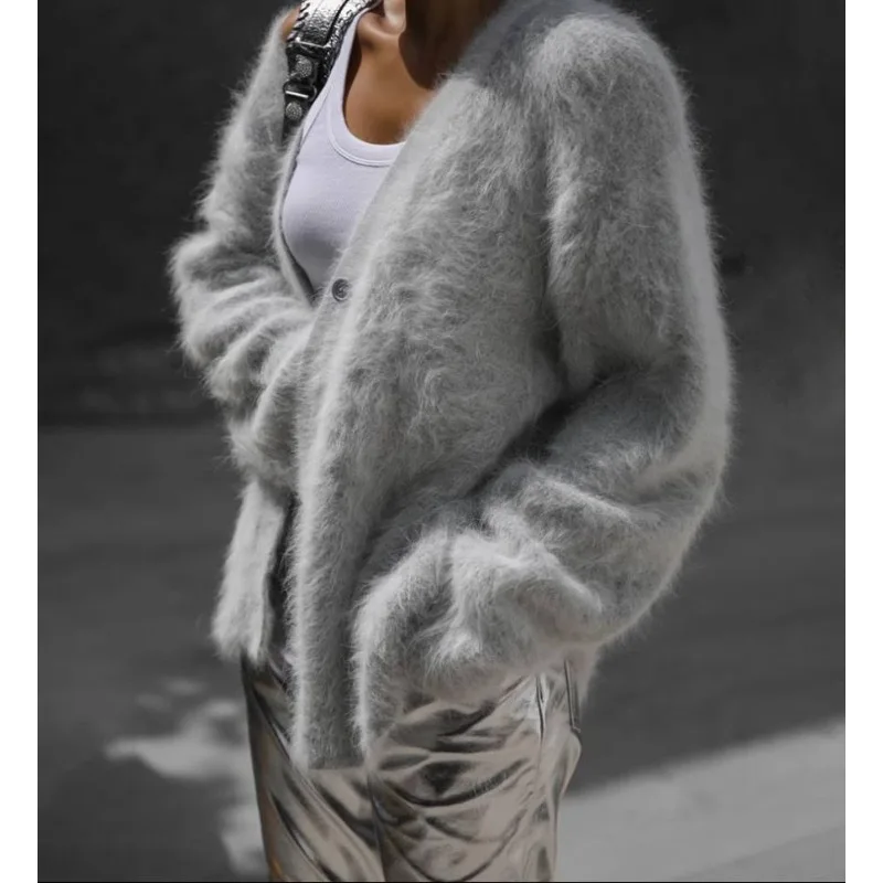 2025 Autunno e Inverno Moda Nuove donne Elegante cardigan in pelliccia di visone lavorato a maglia monopetto con scollo a V caldo giacca maglione allentato