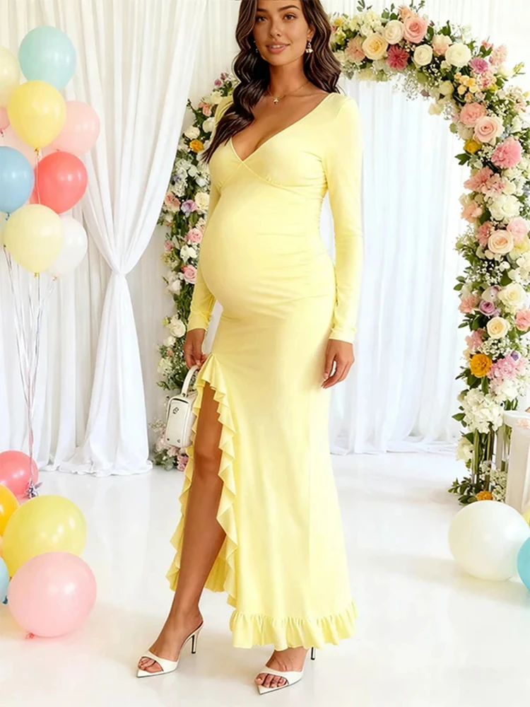 فستان الأمومة التقطت الصور الوردي العميق الخامس شبكة طويلة الأكمام ثوب الحمل عالية الشق كشكش استحمام الطفل الجنس تكشف فساتين #5