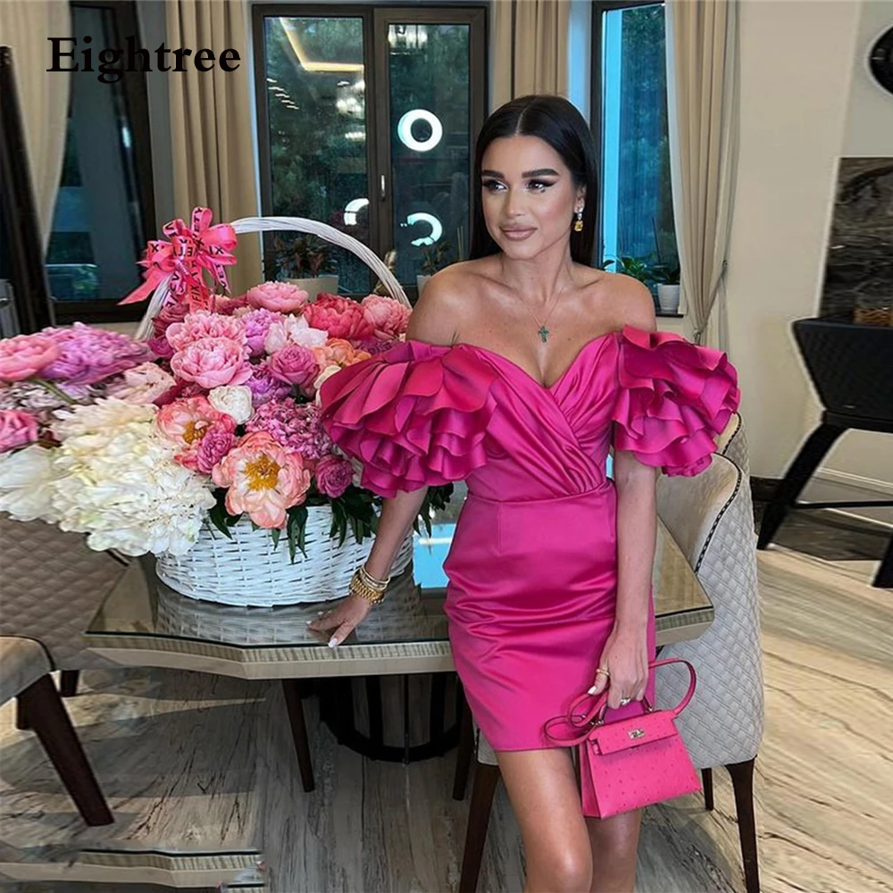 Eightree Fuchsia Short Prom Dresses Elegant Pleat Off The Shoulder Ruffles Evening Dress Robe De Soirée Party Grown Customized