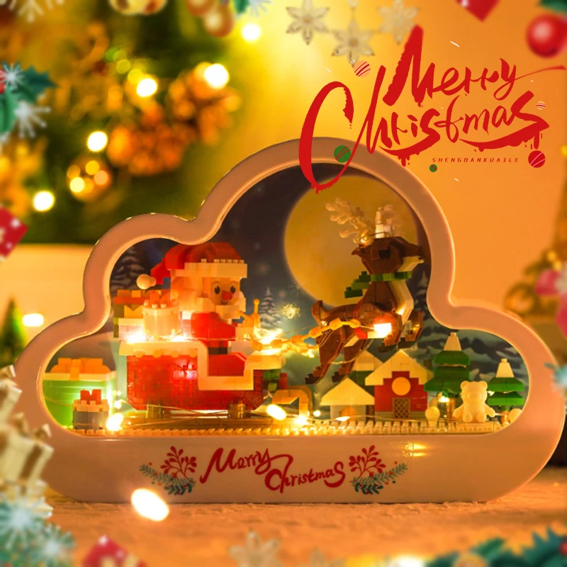 

Christmas DIY Santa Reindeer Mirror Model Building Blocks with Lights Cute Desktop Fairy Ornament Mini Bricks Toy Holiday Gift