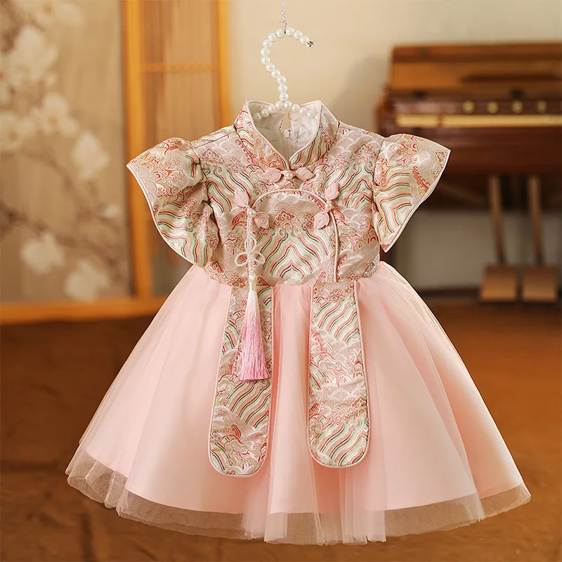 

Pink Baby Girl First Birthday Outfit Children's Qipao Puffy Dress Toddler Birthday Party Princess Dress Tang Suit Dress