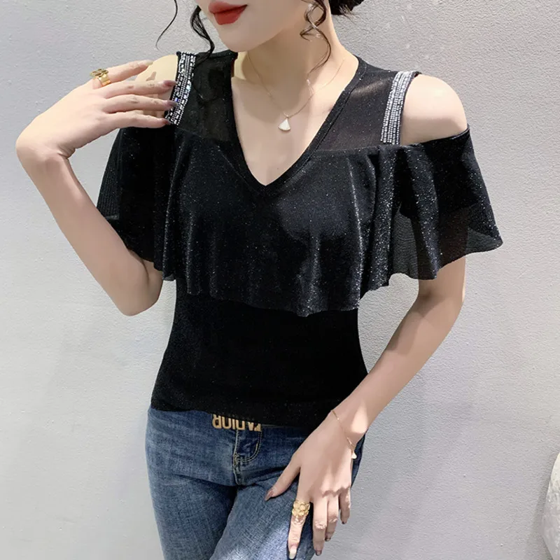 #5357 Black Blue Mesh Tshirt Ruffles Off spalla T Shirt donna diamanti Sexy sottile Skinny Tshirt femminile estate Top Femme scollo a v