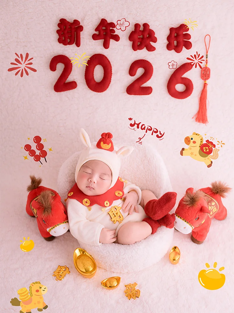 

2026 год лошади, реквизит для фотосъемки новорожденных, милый костюм лошади, красный пони, плюшевая кукла, декор, студийные праздничные принадлежности для фотосессии