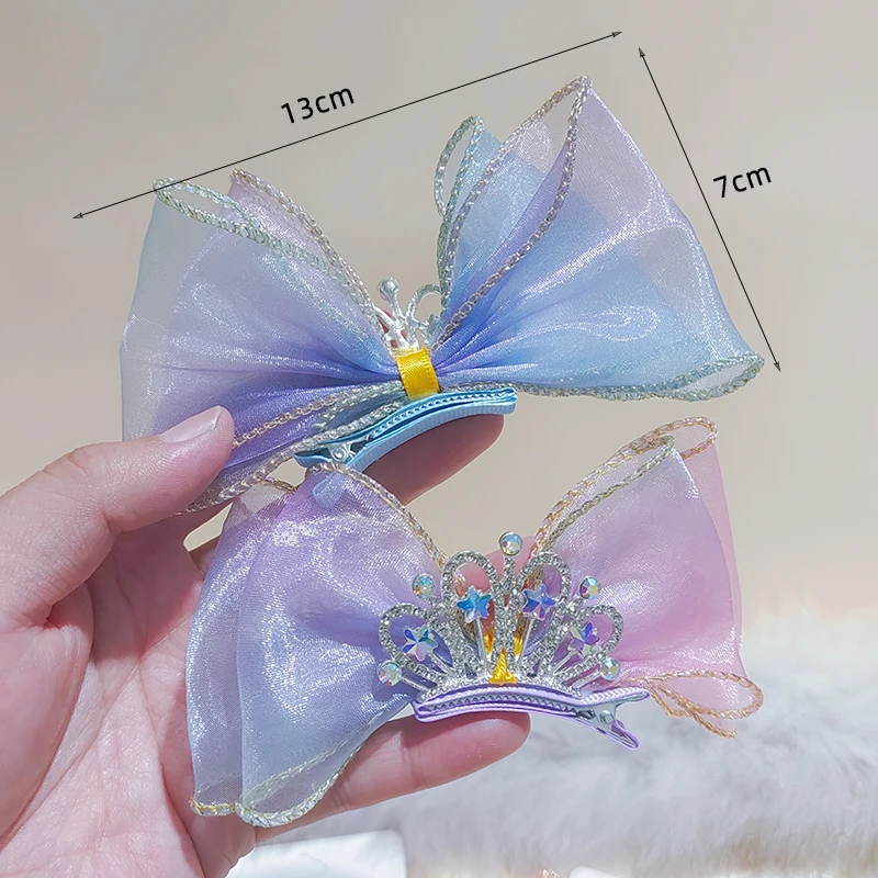 Bow Hair Accessory Children\'s Hairpins Princess Crown Rhinestone Yarn Hair Clip Little Girl\'s Birthday Photo Top Clip Headpiece