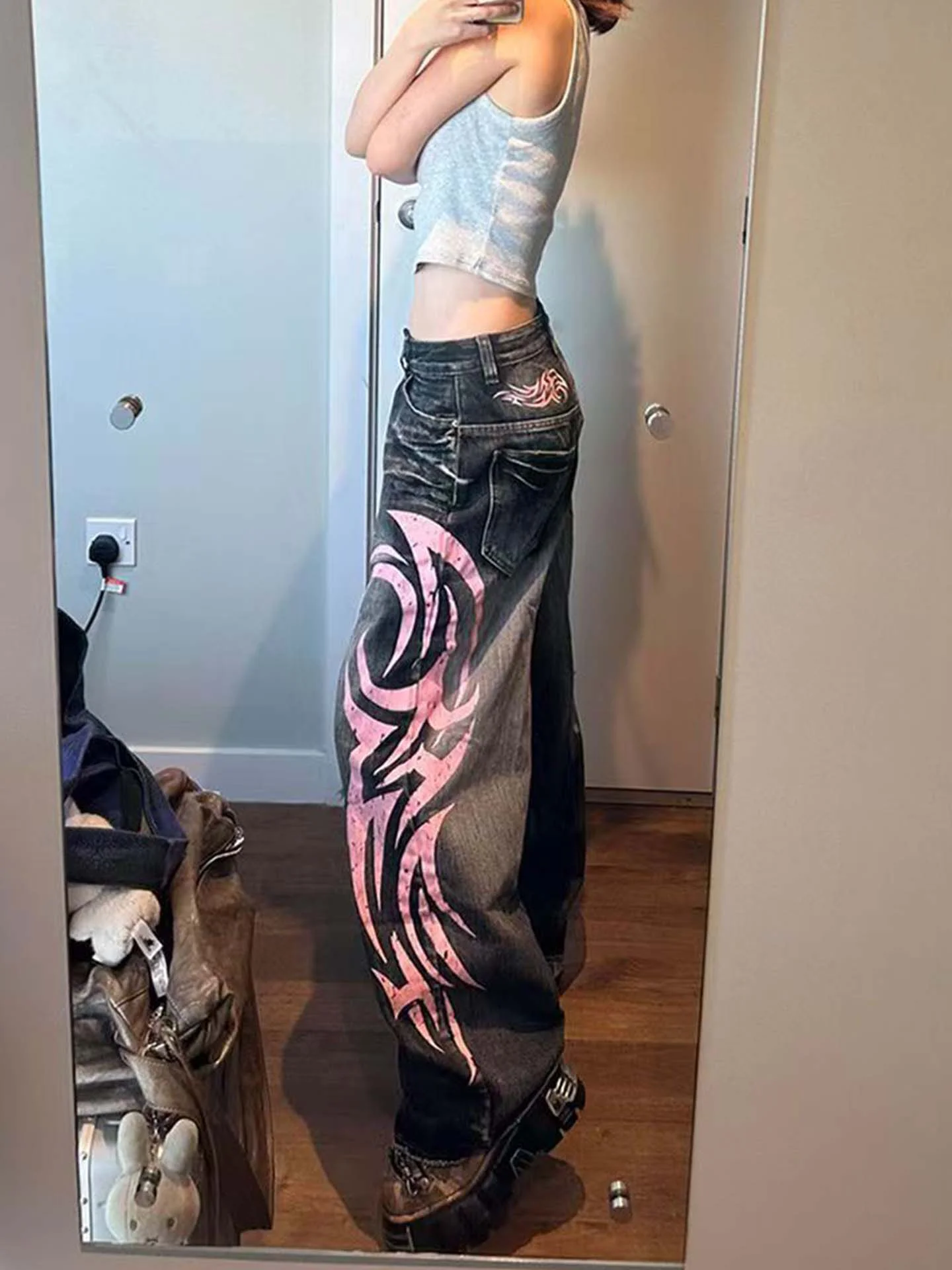 

Американские джинсовые брюки High Street Color Blo Knife Print для женщин: широкие, удлиненные, с ярким дизайном