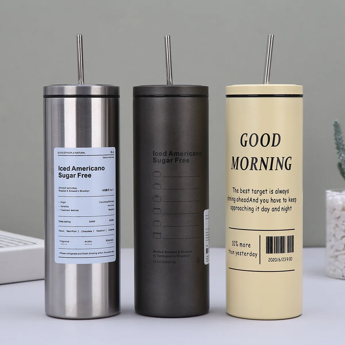 Insulated cup 304 stainless steel iced American coffee cup with high appearance, portable straw for car, car cup insulated cup