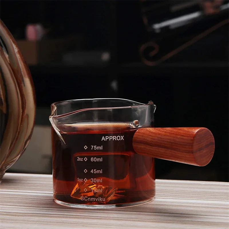 50/75/100ML Espresso Measuring Cup with Wooden Handle Double/Single Spouts Clear Coffee Shot Glass Heat Resistant Retro Milk Jug